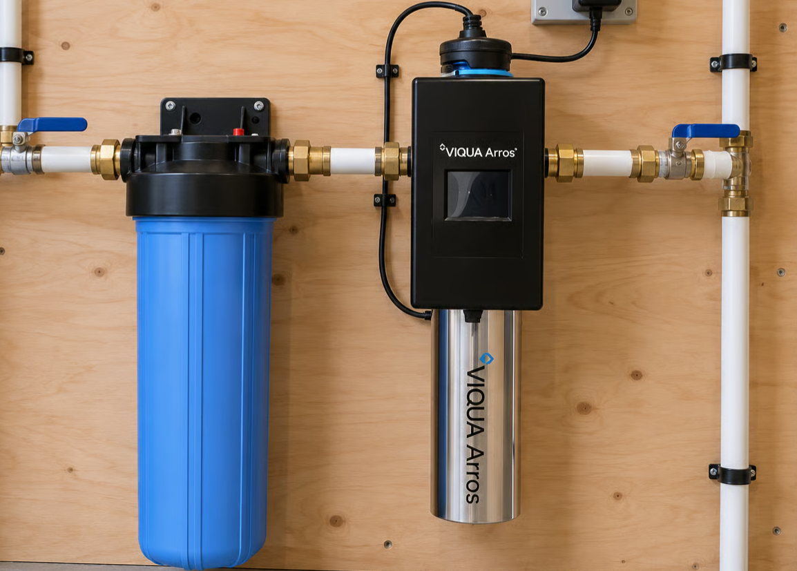 Wall-mounted VIQUA Arros water filtration and ultraviolet treatment system with blue filter housing and white piping.