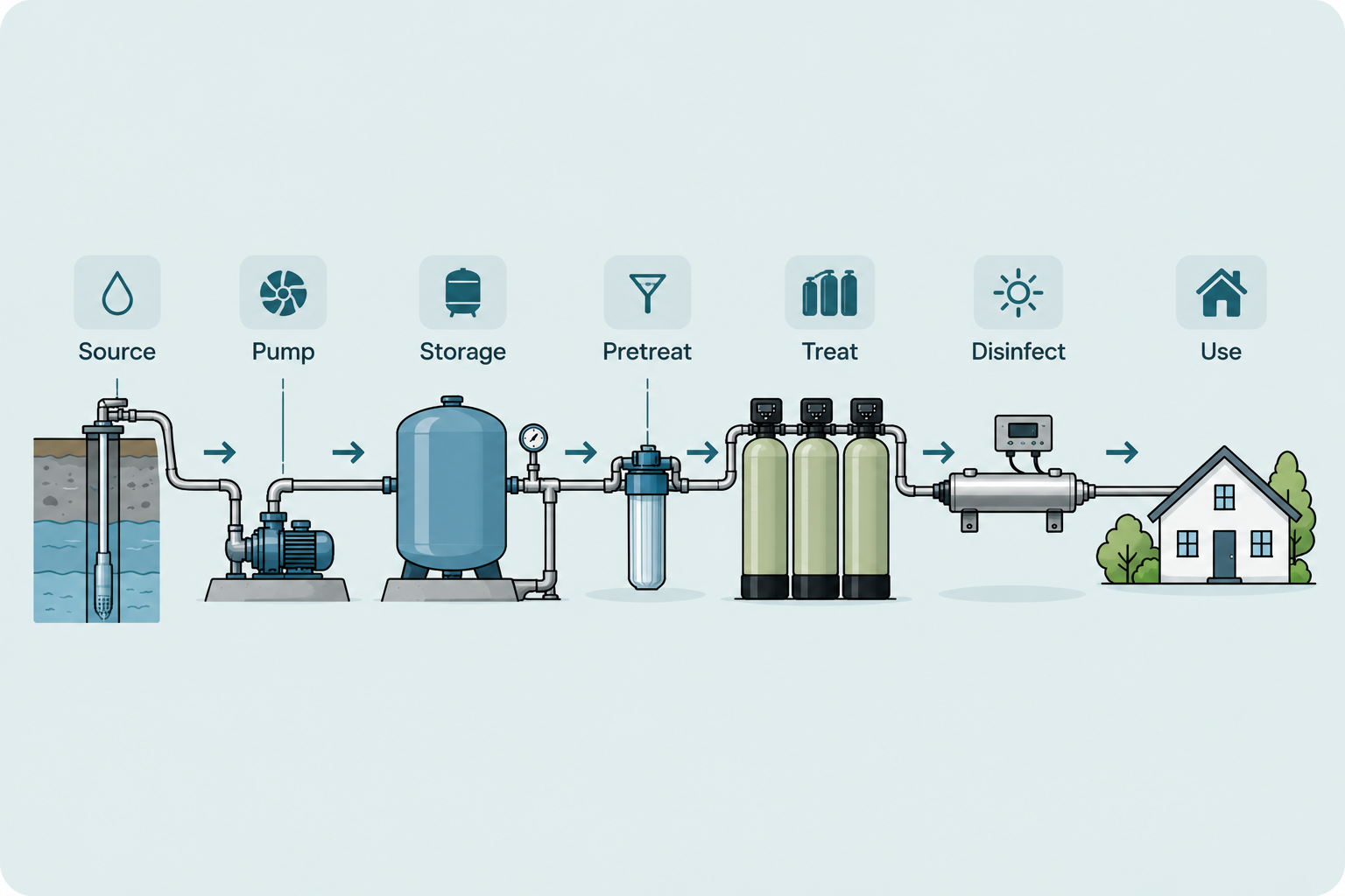 Infographic showing water flowing from a source through pumping, storage, pretreatment, treatment, disinfection, and a house.
