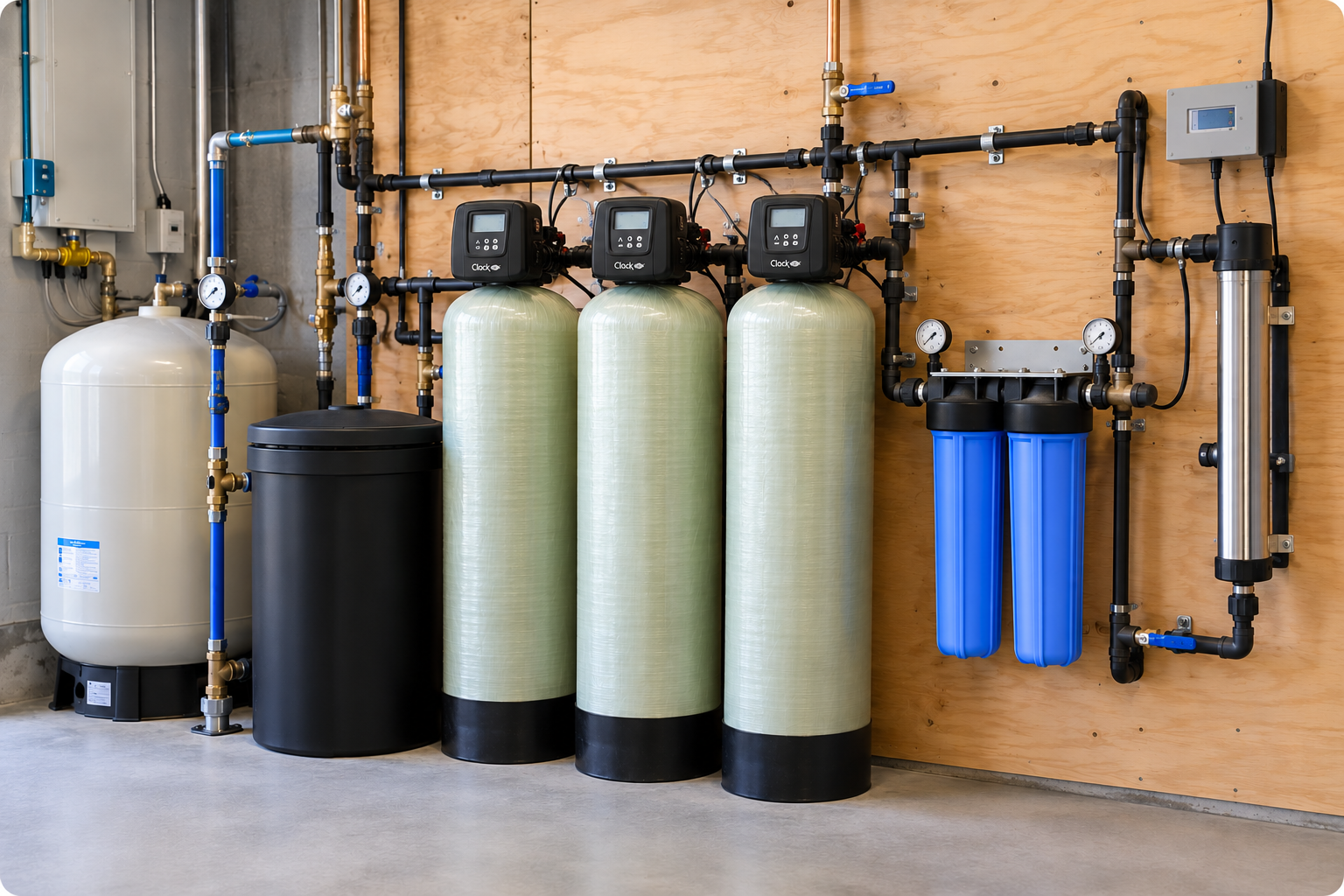 Water-treatment equipment with three green tanks, blue cartridge filters, pipes, gauges, and control panels.