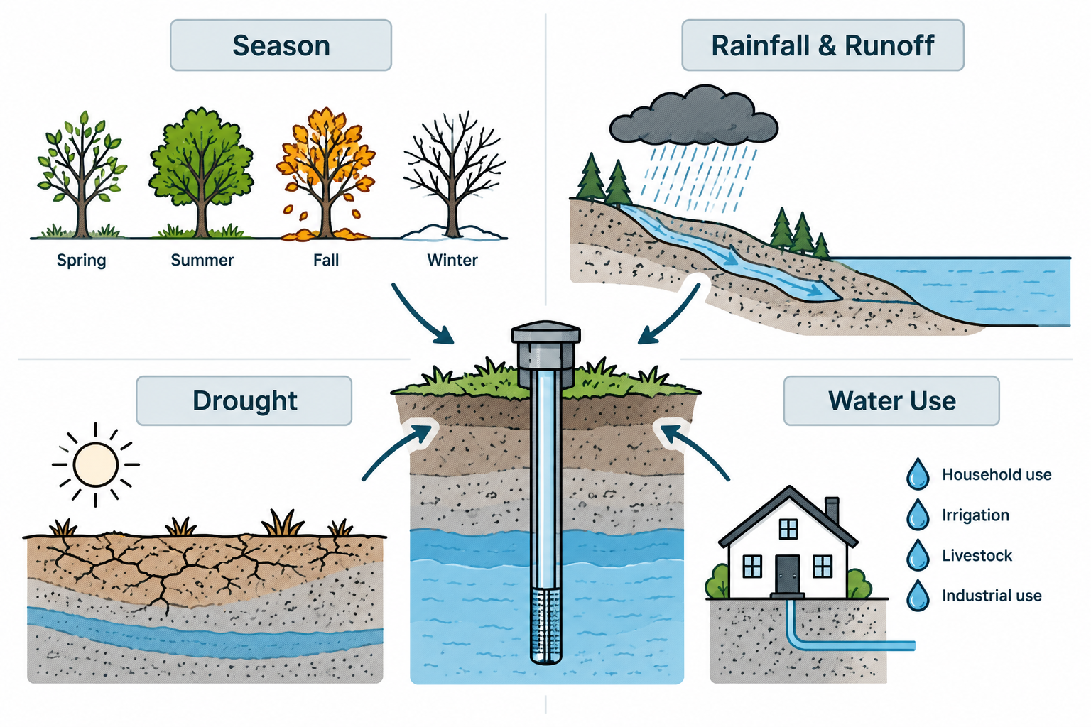 Infographic showing seasons, rainfall, drought, a groundwater well, and water-use categories.