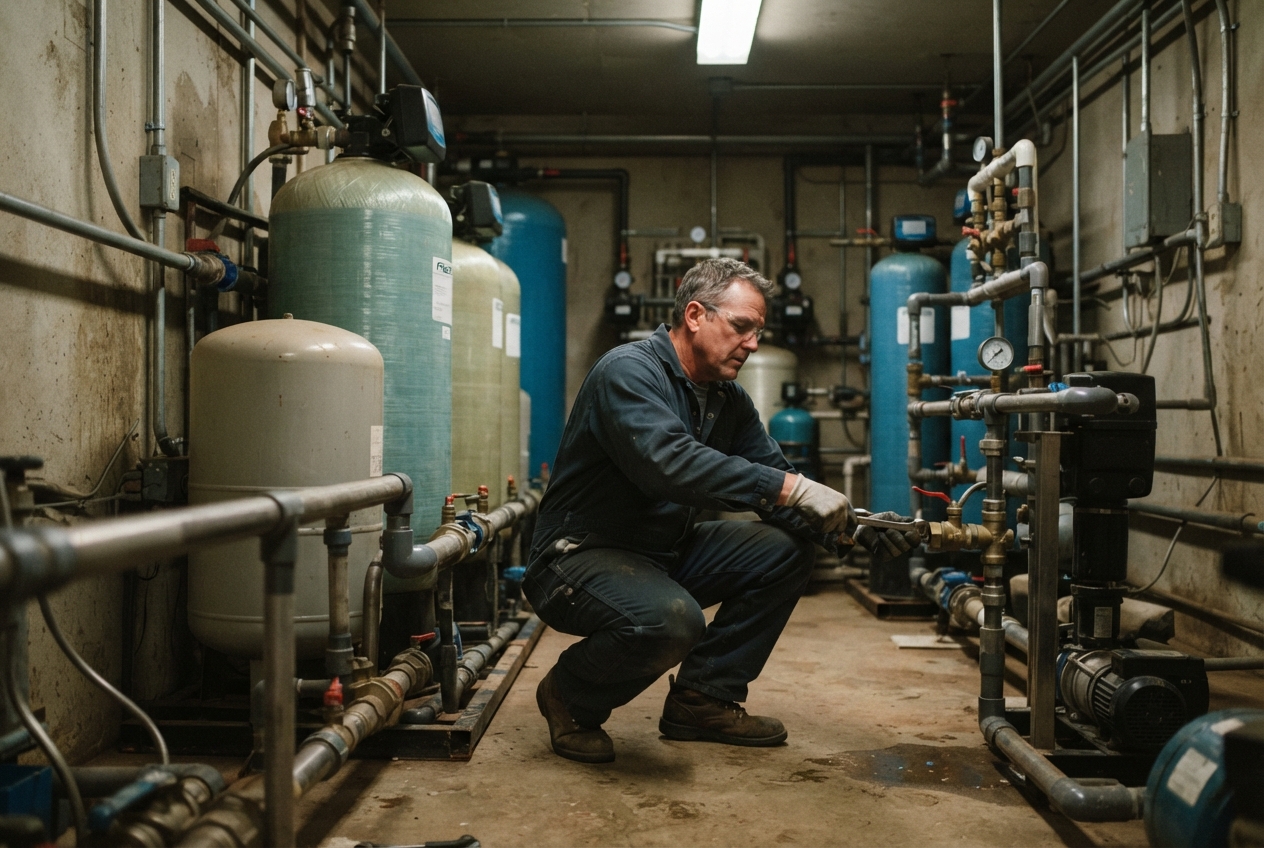 Technician in gloves repairs pipes and filtration tanks in a dim industrial utility room.