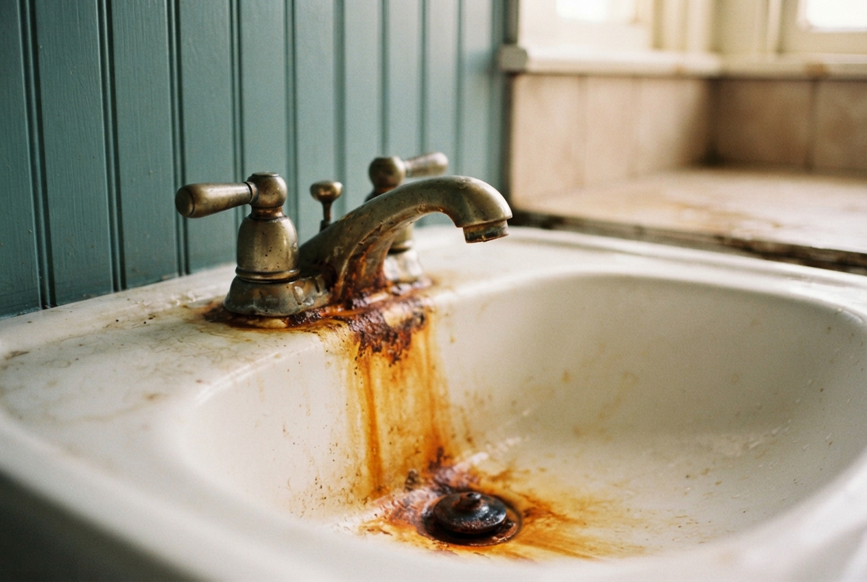 Rust-stained vintage faucet mounted on an old white porcelain sink beside teal paneling.