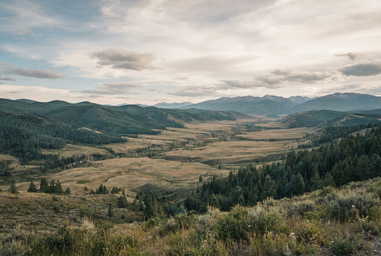 Panoramic view of a forested mountain valley with dry grasslands and cloudy skies.