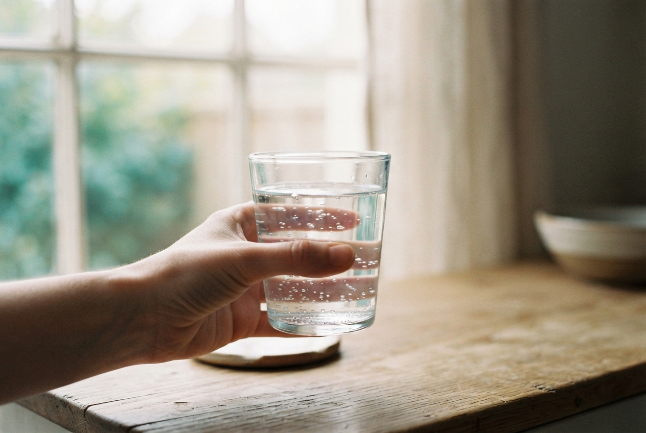 Hand holding a clear glass of bubbly water over a rustic wooden table by a sunlit window.