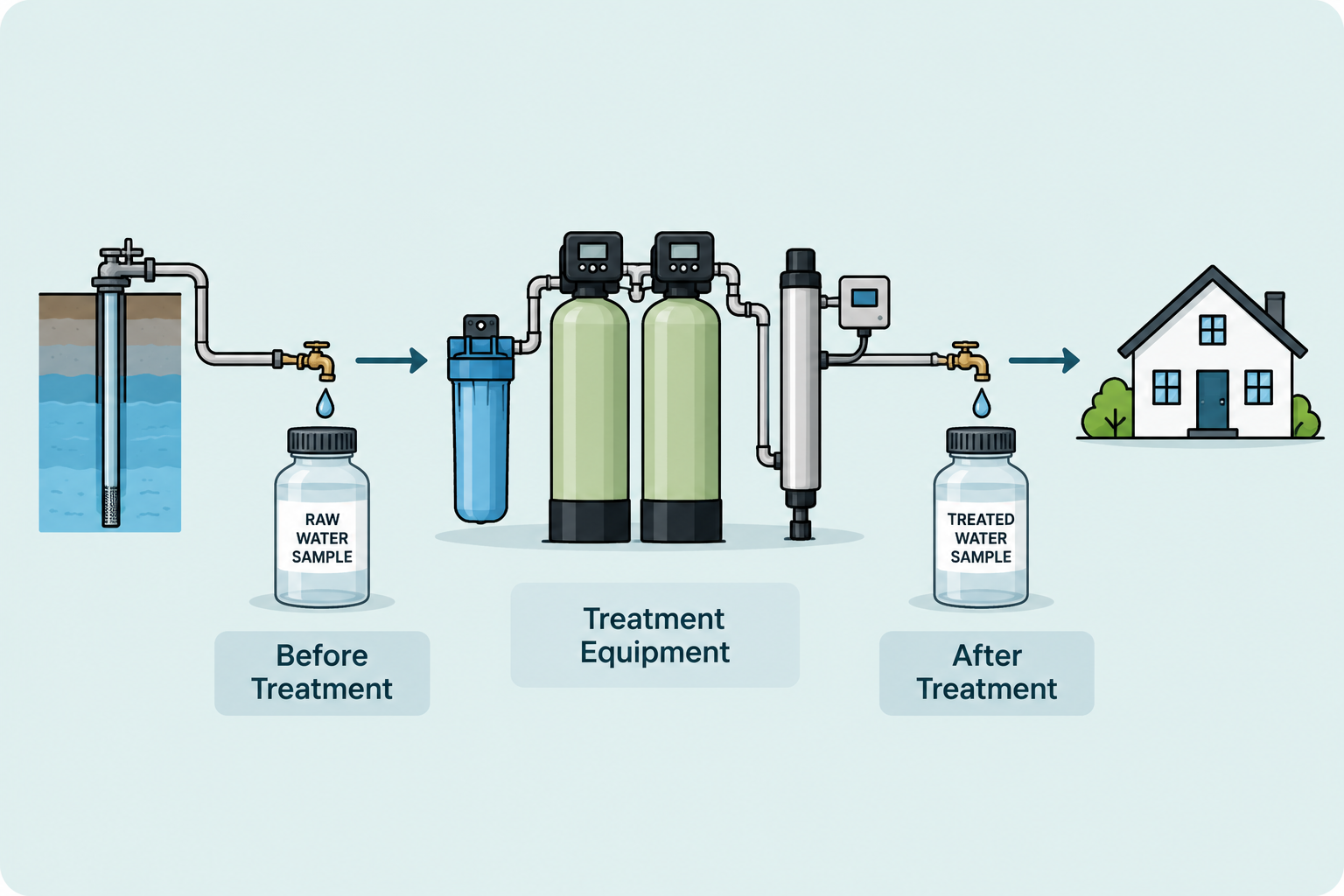 Water-treatment process diagram showing raw water, filtration equipment, treated water, and a house.