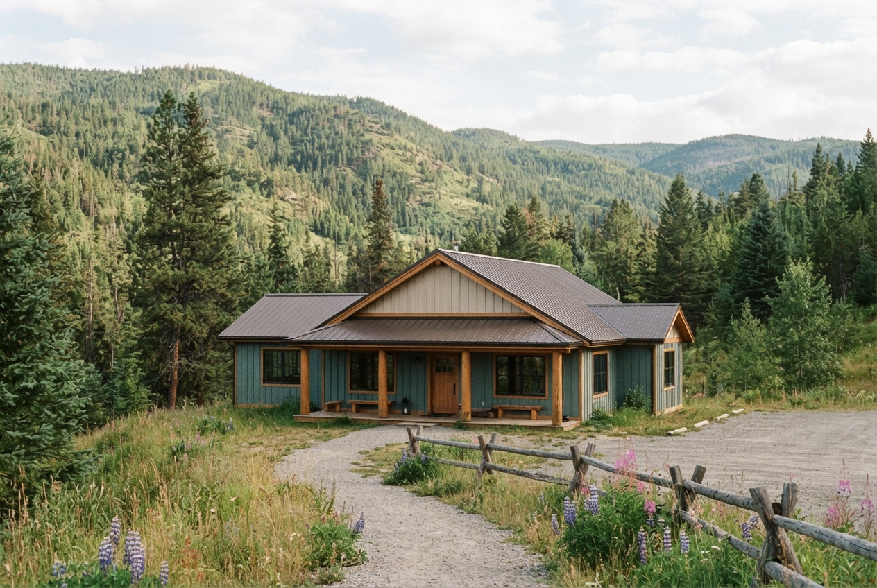 Rustic blue-green cabin with a covered porch in a forested mountain valley, wildflowers, and a split-log fence.