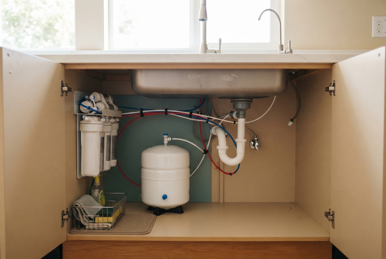Open cabinet showing a kitchen sink, reverse-osmosis filters, storage tank, tubing, plumbing, and cleaning supplies.